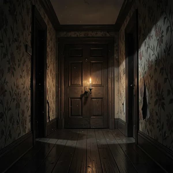 A heavy, locked oak door at the end of a dark, narrow corridor with peeling wallpaper and flickering shadows.