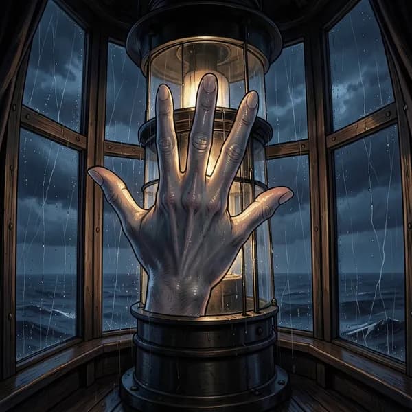 A massive, translucent, otherworldly hand pressed against the glass of a lighthouse lantern room during a storm.