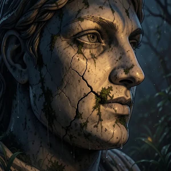 A close-up of a marble statue's face showing a fresh, jagged fracture near the jawline, illuminated by flickering lantern light.