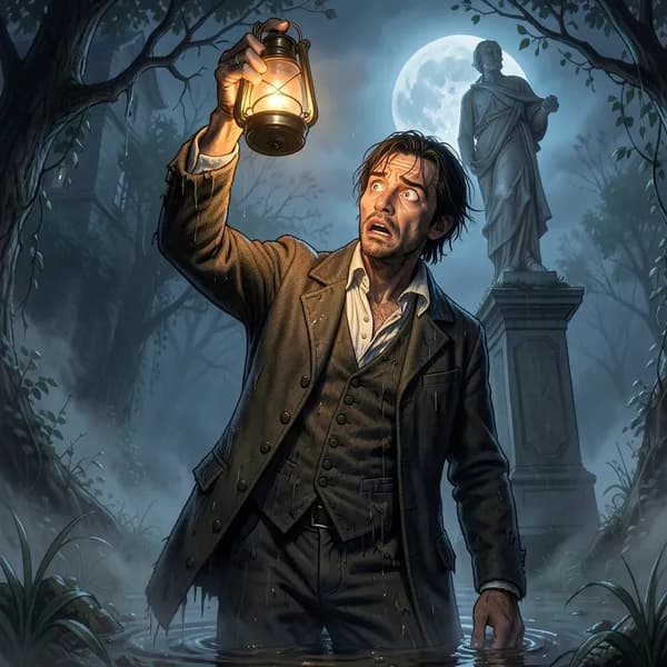 A disheveled 19th-century scholar holding a lantern, looking up in shock at a statue in a dark garden.