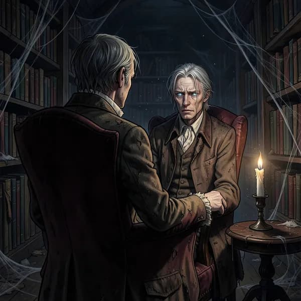 An elderly, gaunt man in a tattered Victorian coat sits in a velvet chair, watching with ancient, weary eyes.