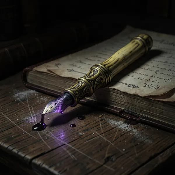 A fountain pen carved from yellowed bone rests on a ledger, glistening with a dark, viscous fluid.