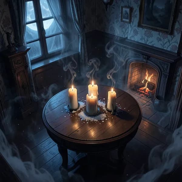 A mahogany table in a dark room with three extinguished candles and scattered salt, surrounded by swirling mist and shadows.