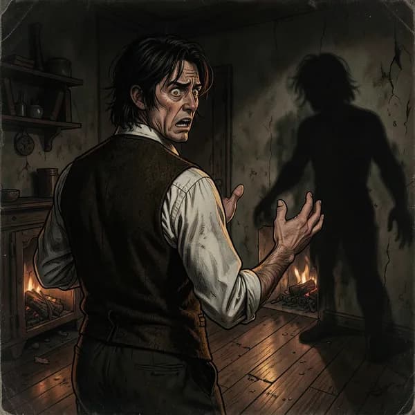 A terrified man in 1890s clothing backing away from a dark, coalescing shadow in a decaying study.
