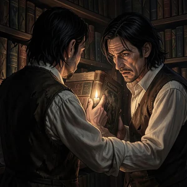 A man in Victorian attire touches a leather-bound book that pulses with a heartbeat.