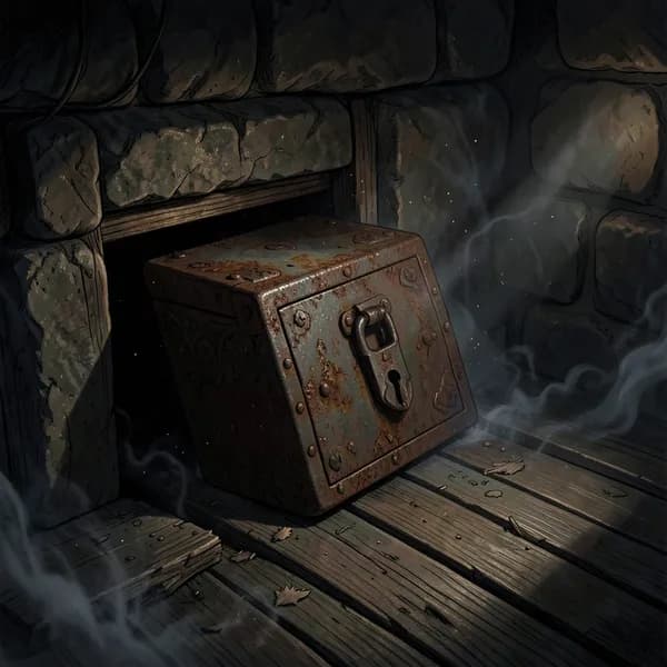 An ornate iron lockbox hidden beneath rotting floorboards in a dark, damp stone room.