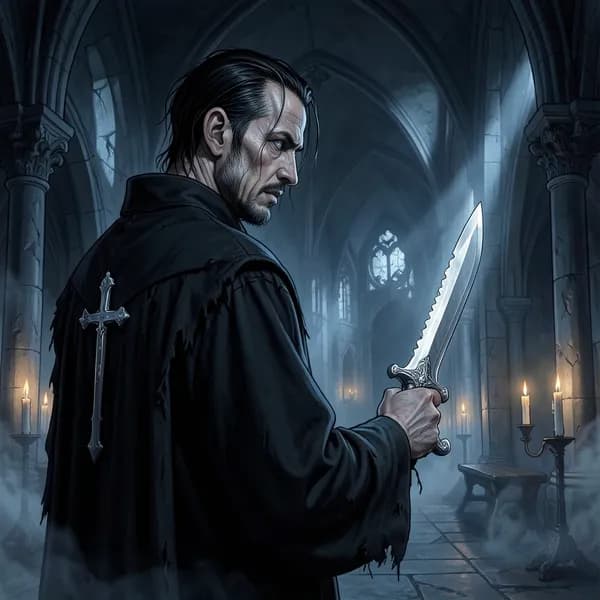 A man of the cloth holding a silver ritual blade with a calculating expression.