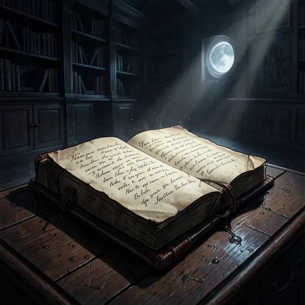 An ancient, dust-covered ledger lying open on a dark mahogany desk in a dim library.