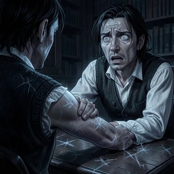 A man in Victorian attire looking at his hand in terror as it begins to fade into transparency.