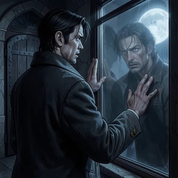 A man in a heavy wool coat looking at his own distorted reflection in a glass pane.