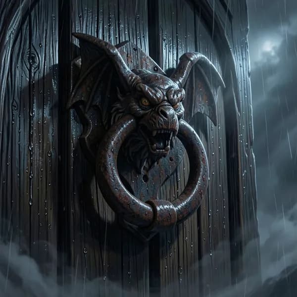 A heavy, rusted iron knocker in the shape of a weeping gargoyle on a massive, rain-soaked oak door.