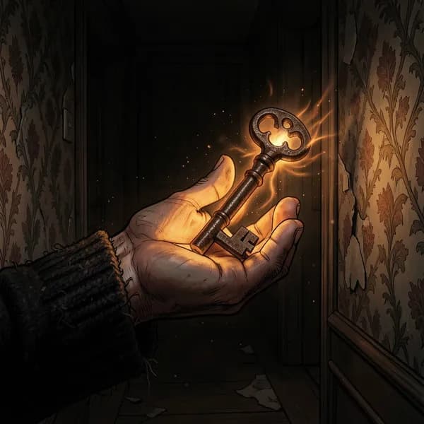 A woman's pale hand holding a rusted, vibrating antique key that emits a faint, unnatural orange glow.