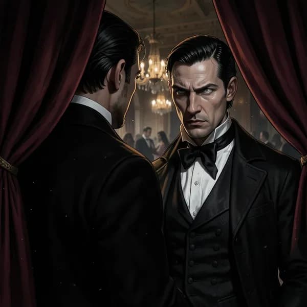 A pale, elegant man in a 1894 wool coat stands in the shadows of velvet curtains, watching a ballroom.