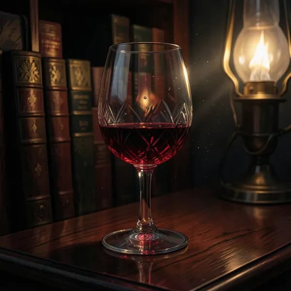 A crystal wine glass filled with deep red wine sits on a dark mahogany table, reflecting flickering gaslight.
