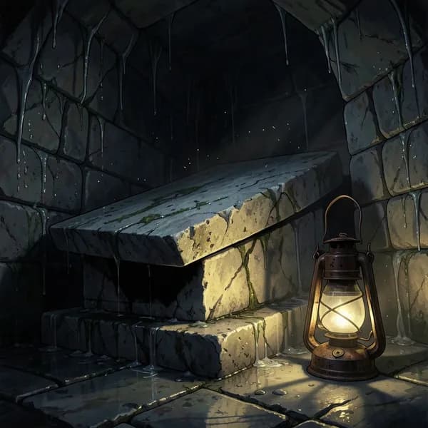 A weathered granite sarcophagus lid slightly shifted in a dark, damp stone crypt with a rusted lantern on the floor.