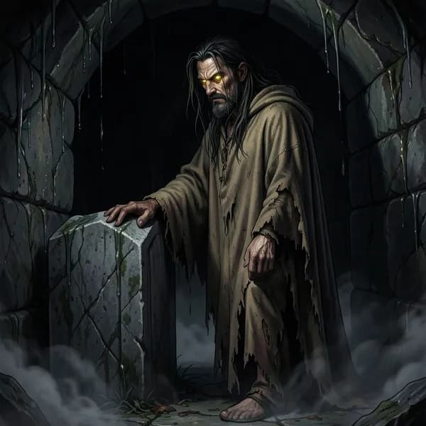 A pale, predatory figure with glowing golden eyes emerging from a stone tomb in a dark crypt.
