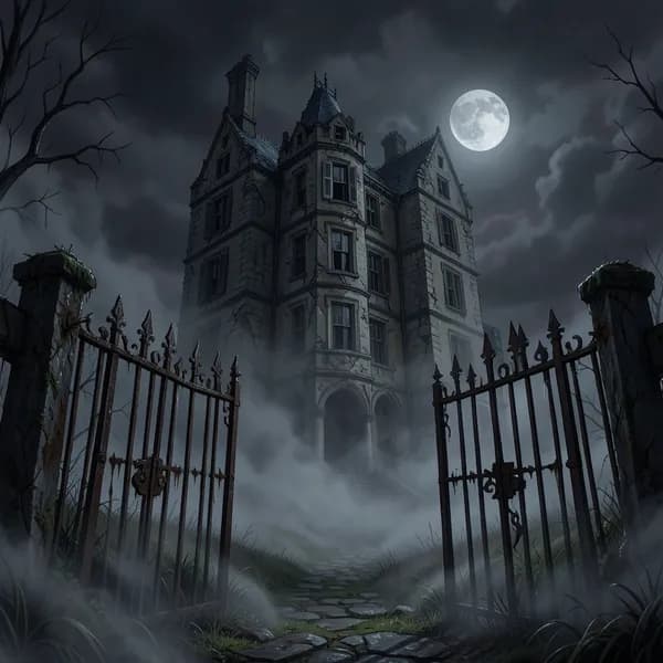 A jagged, crumbling manor silhouette looms against a dark, bruised sky behind rusted iron gates.