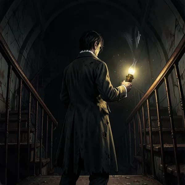 A disheveled man in a Victorian frock coat stands at the edge of a dark, iron spiral staircase holding a flickering lamp.