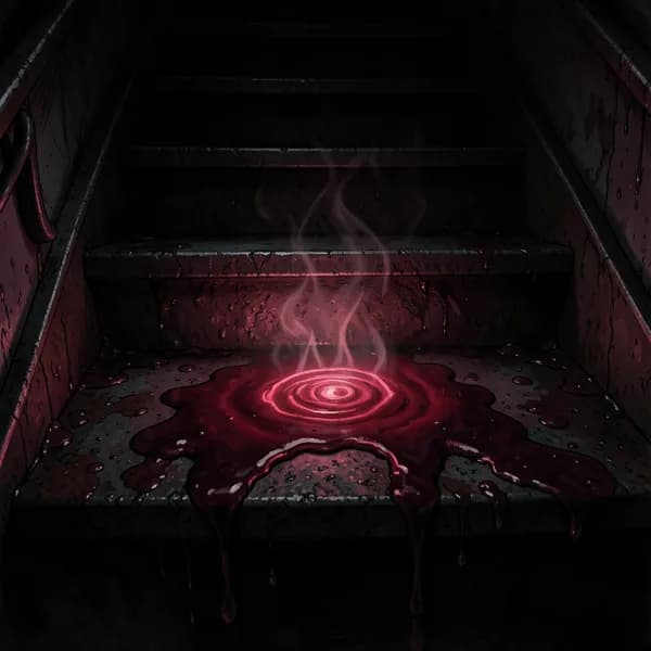 A close-up of a single iron step on a staircase, featuring a pulsing, wet, crimson stain that looks like living tissue.