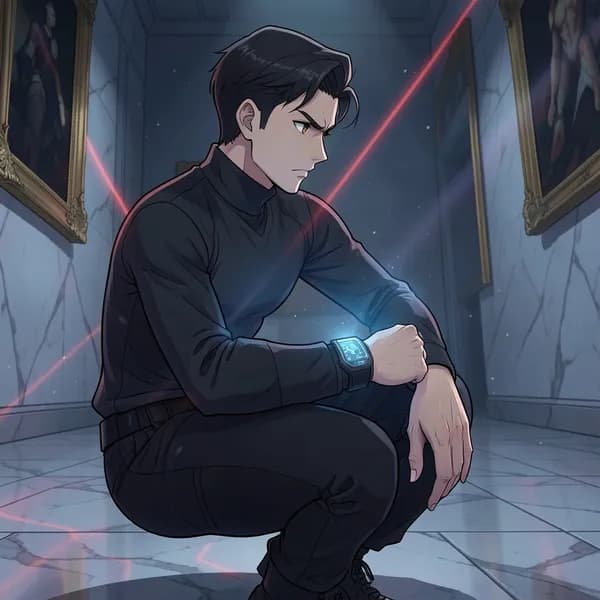 A man in tactical gear stands in a dark gallery, checking his wrist-mounted interface while laser grids glow in the air.