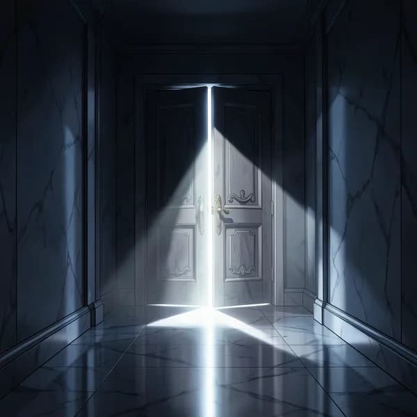 A heavy museum door stands slightly ajar, casting a harsh, bright beam of light across a dark, polished hallway floor.