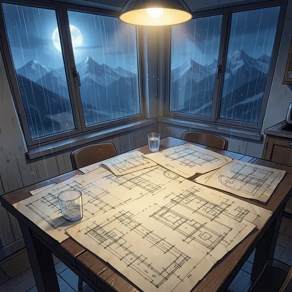 Yellowed blueprints of a vault spread across a kitchen table in a dark, rain-swept room.