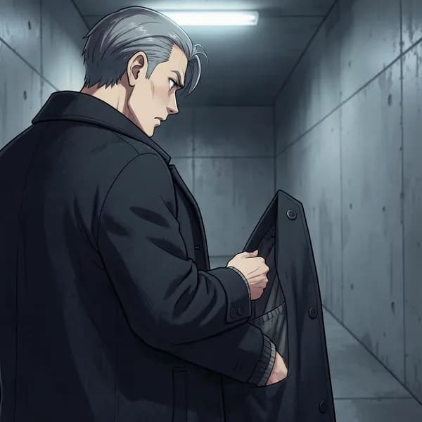 An older man reaching into his coat pocket, his hand showing a subtle tremor.