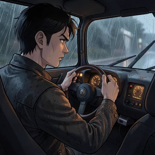 A man in a leather jacket grips a steering wheel inside a dark car, rain streaking the windshield.