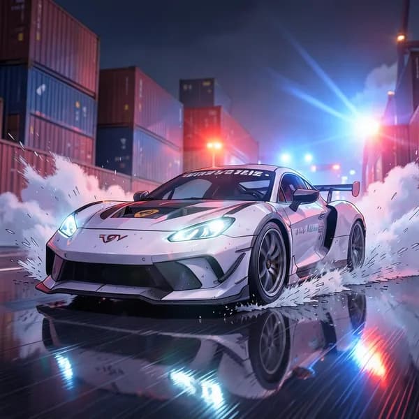 A black car drifting on wet asphalt in a shipping yard with police lights flashing in the distance.