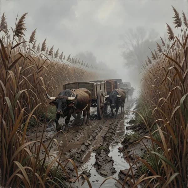 A line of Roman supply wagons struggling through deep, muddy ruts in a narrow, fog-filled lowland pass.
