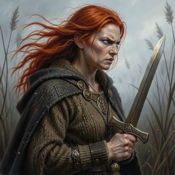 A fierce woman with fiery red hair and intense blue eyes gripping the hilt of a bronze sword.