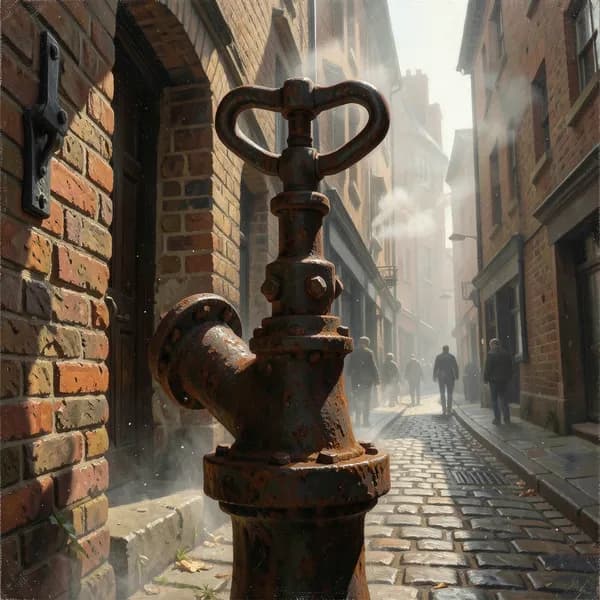 A weathered cast-iron water pump stands in a dusty, crowded 1854 London street, surrounded by signs of neglect.