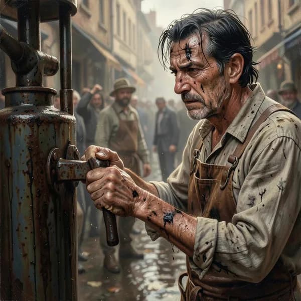 A weary young man in a stained apron stares at a water pump handle, his expression filled with grim determination.