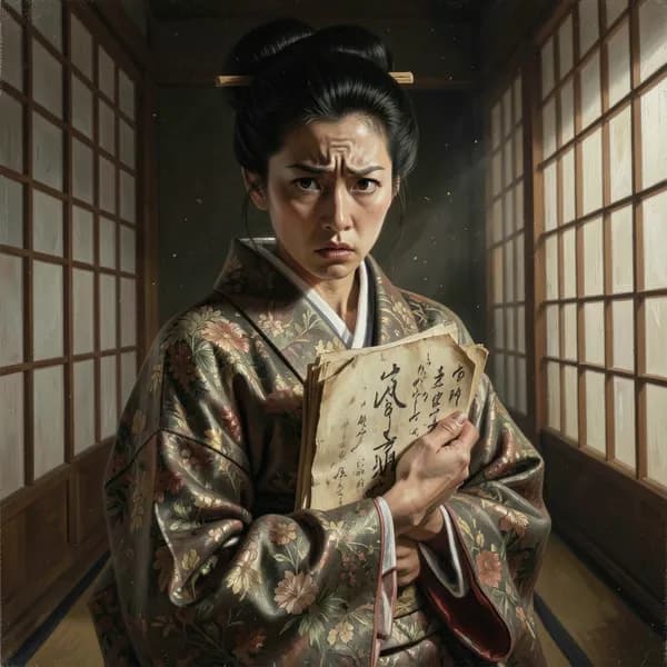A noblewoman in a silk kimono holding secret papers, looking anxious and determined in a dimly lit corridor.