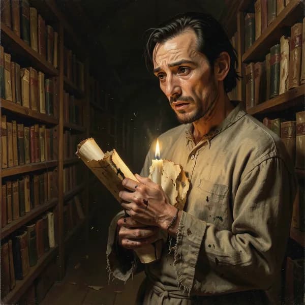 A close-up of a man's ink-stained hands clutching a weathered scroll tightly against his chest in a dim library.
