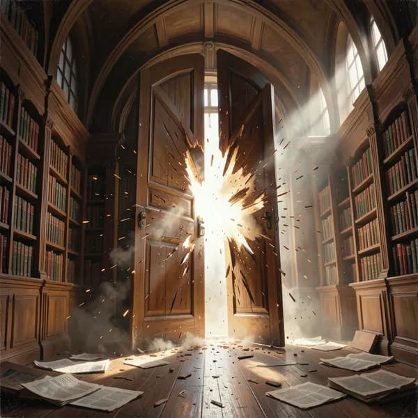 A heavy wooden library door splintering inward, with blinding light and dust clouds pouring into the dark room.