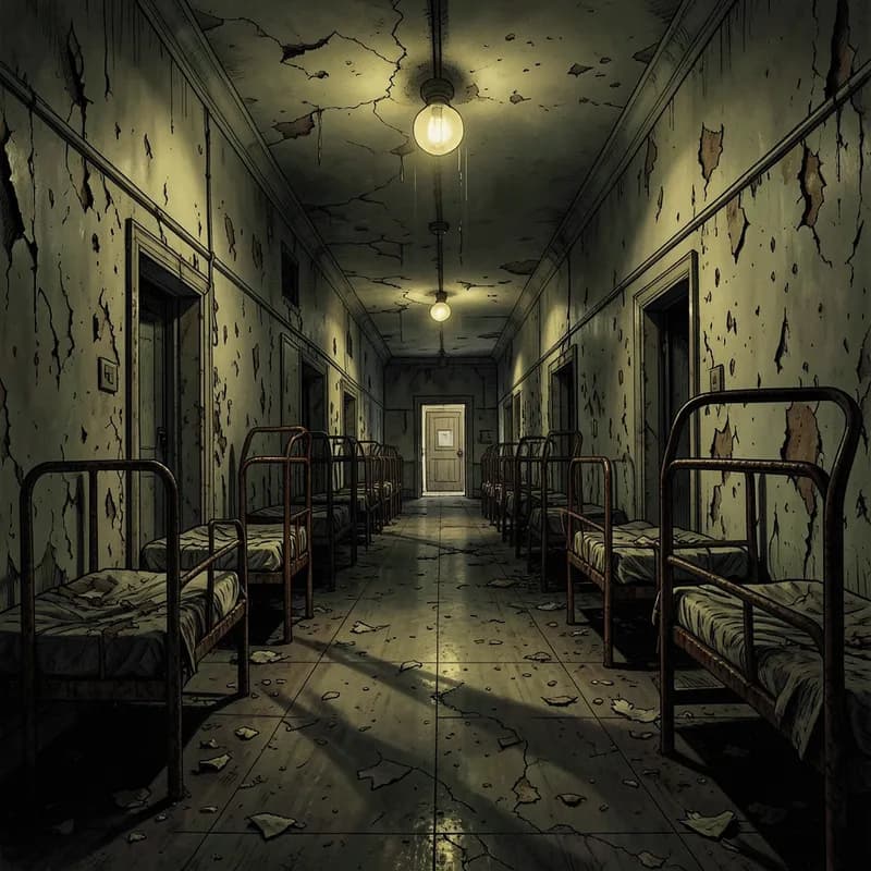 Abandoned Asylum Horror / Thriller interactive story — atmospheric illustration