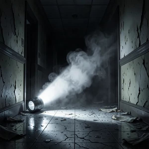 A flashlight beam cuts through thick dust in a dark, abandoned hospital corridor.