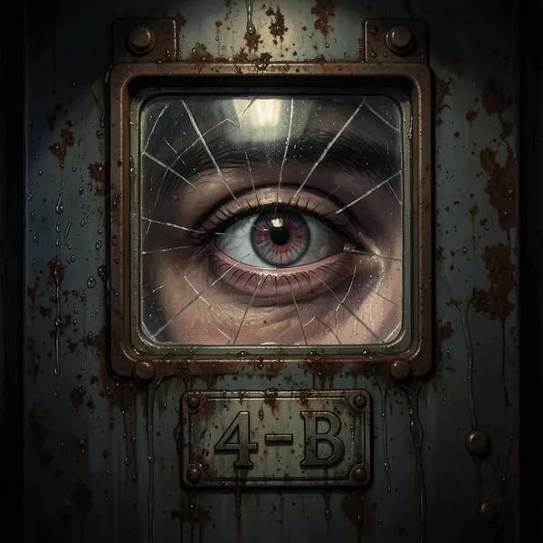 A single pale eye peers through a scratched, reinforced glass window in a heavy steel door.
