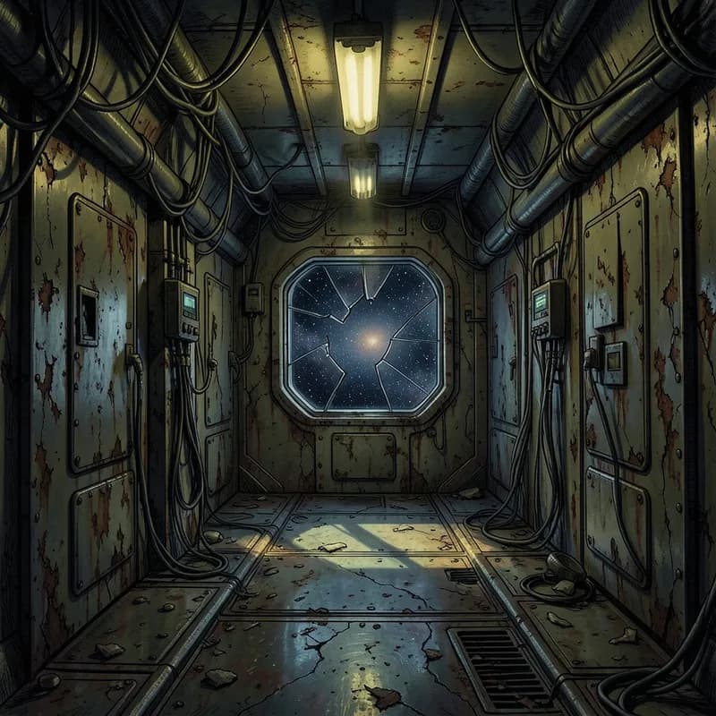 Deep Space Station Horror / Thriller interactive story — atmospheric illustration
