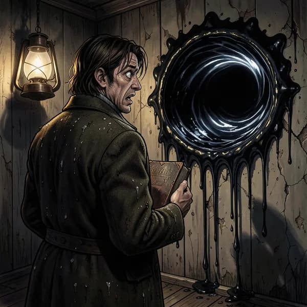 A terrified man in 1920s clothing holding a leather-bound book, staring at a giant, blinking eye formed from black ink on a stone wall.