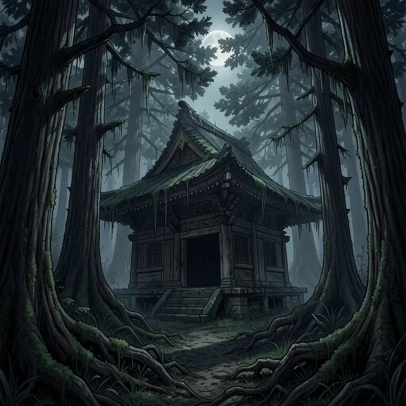 Japanese Haunted Shrine Horror / Thriller interactive story — atmospheric illustration