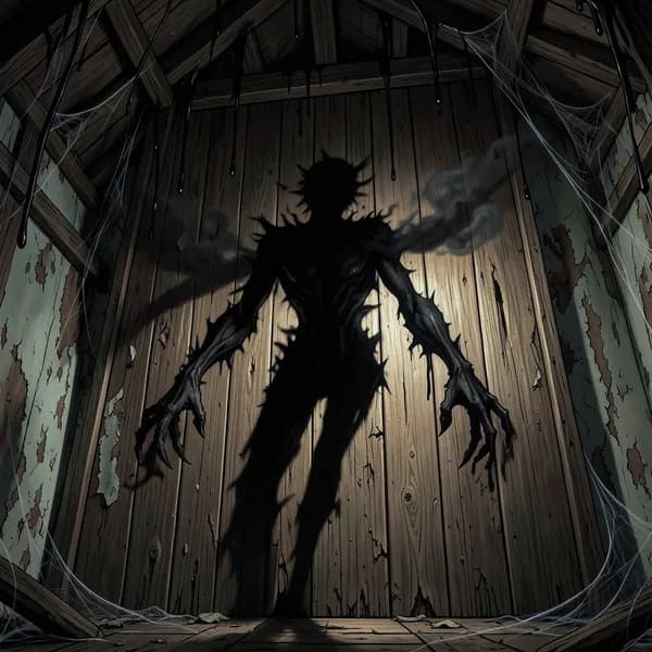 A jagged, humanoid shadow silhouette cast against a rotting wooden wall, with elongated, claw-like fingers reaching out.