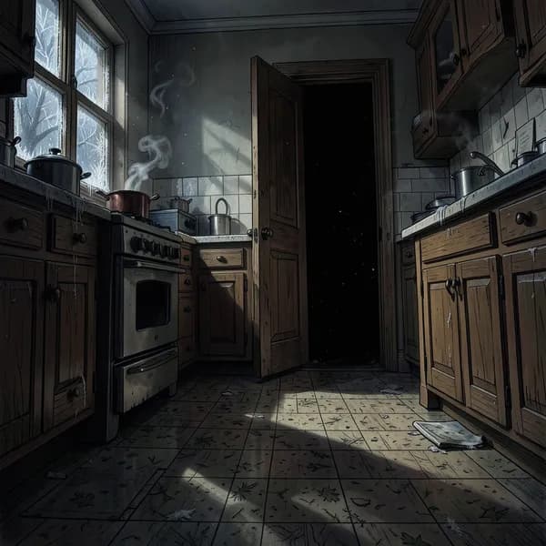 A dark, suffocating 1994 farmhouse kitchen with an open, pitch-black cellar door looming in the background.