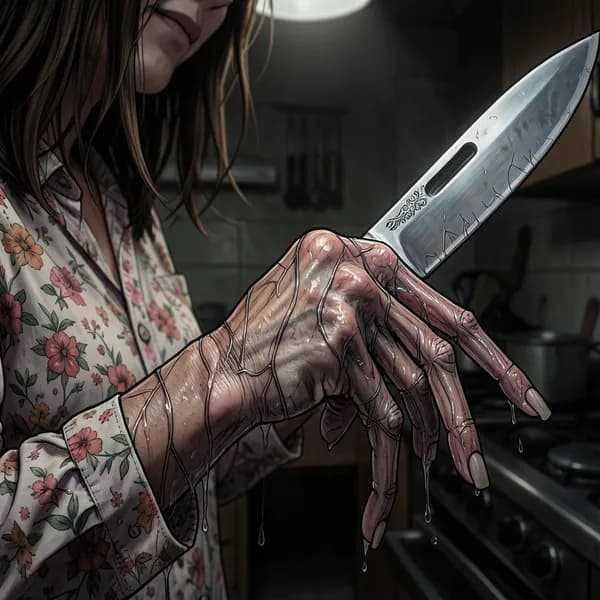 A close-up of a woman's hand with six elongated, jointed fingers gripping a sharp kitchen knife.