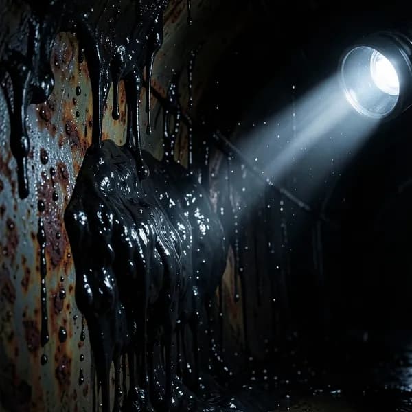 A close-up of a rusted industrial wall covered in thick, viscous black sludge, illuminated by a harsh flashlight beam.