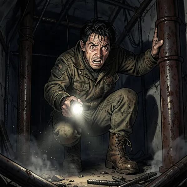 A desperate scavenger crouching in a decaying tunnel, holding a flashlight with a tense expression.