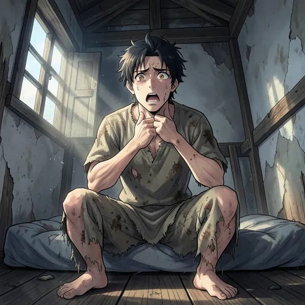 A disoriented young man waking up on a tattered mattress in a dark, damp barracks room.