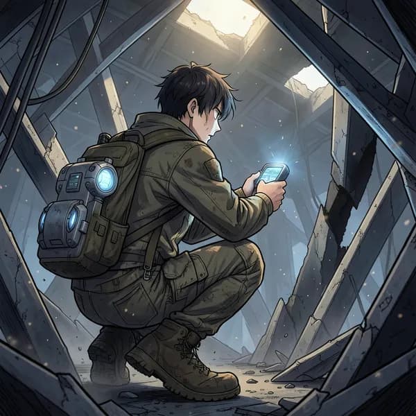 A man in tactical gear crouches in the ruins of a skyscraper, checking a sensor.