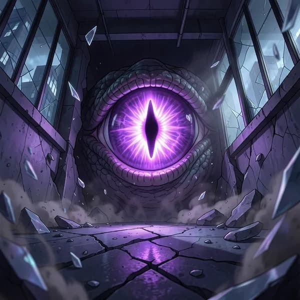 A massive bioluminescent eye stares out from a deep fissure in the broken city street.
